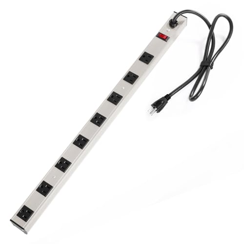 INLAND 8 Outlet Long Aluminum Heavy Duty Power Strip with 3FT 14AWG Cord, 15A/1875W, Wide Spaced Outlets, ETL Listed Electrical Outlet Extender, Outlet Splitter, Ideal for Office, Garage, Workshop
