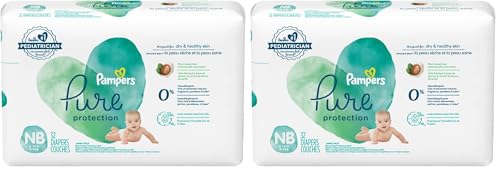 Image of Pampers Pure Protection Baby Diapers, Newborn Extra Small Size Taped Diapers, (NB /XS) Size 1, 32 Count [Hypo allergenic and unscented protection 0% chlorine paraben latex] (Pack of 2)