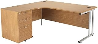 Office Hippo Heavy Duty Left Corner Radial Office Desk With 3 Drawer Desk High Storage, Home Office Desk, Filing, PC Desk For Office or Home, 5 Yr Wty, MFC - Oak,Silver Desk Frame, 160cm x 160.4cm