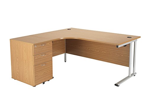 Office Hippo Heavy Duty Left Corner Radial Office Desk With 3 Drawer Desk High Storage, Home Office Desk, Filing, PC Desk For Office or Home, 5 Yr Wty, MFC - Oak,Silver Desk Frame, 160cm x 160.4cm