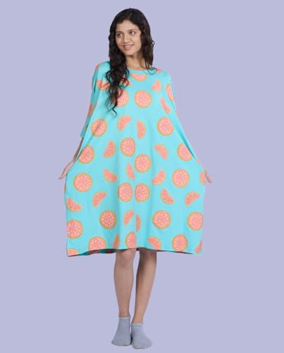 Image of LAMA STORE Women's Printed Oversized T-Shirt Dress, Cotton, 3 /4 Sleeve Length, Casual Loose Fit, Comfort Wear Extra Comfy Oversized Printed Pocket T-Shirt Dress