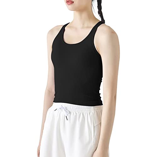 Ribbed Workout Short Racerback Tank Tops for Women with Built in Bra