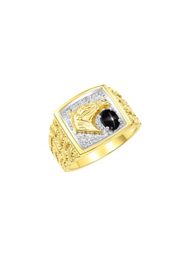 Image of Rylos Men's Yellow Gold-Plated Sterling Silver Lucky Nugget Horse Head Ring with 6X4MM Gemstone and Diamonds - Birthstone Elegance for Men, Sizes 8-13 Available