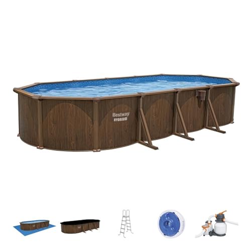 Bestway Hydrium 24' x 12' x 52' Oval Above Ground Swimming Pool Set Outdooor Steel Wall Family Pool with Sand Filter, Ladder, & Cover, Brown Woodgrain