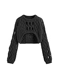 Picture of CIDER Cropped Sweaters for Women Knit Round Neckline Hollow Out Long Sleeve Crop Top Sweaters: Black, S