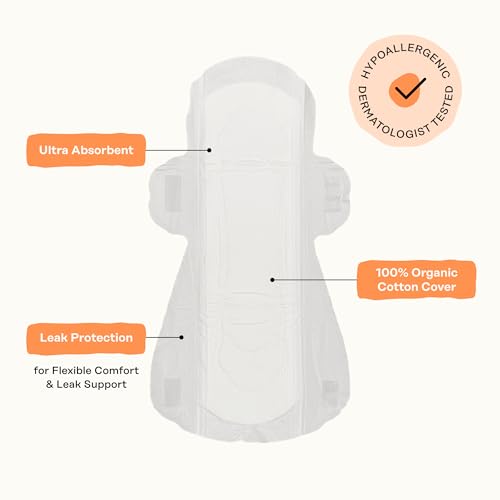 Image of The Honey Pot Company - Cotton Comfort - Daytime Incontinence Pads w /Wings | Organic Cotton Cover - Bladder Leak Control - No Fragrance, Ultra-Absorbent Pulp Core - Feminine Care - 64ct