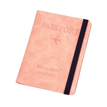 BAELLERRY Porta Passaporte Couro com Faixa Elástica Compartimentos para Documentos de Embarque e Cartões (Rosa)