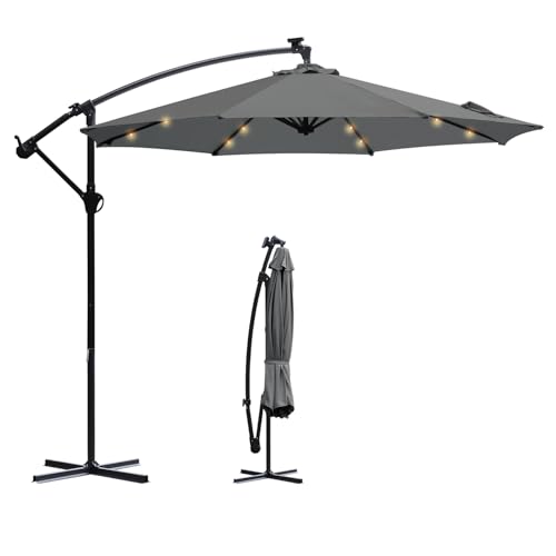 Sekey® LED Solar Ampelschirm 300cm LED Sonnenschirm-Solarbetrieben - UV50+ Sonnenschutz - Robust und Stabil für den Gartenn Dunkelgrau