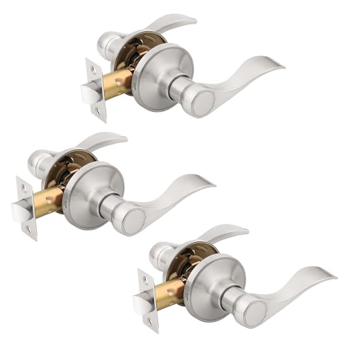 KNOBWELL 3 Pack Brushed Nickel Finish Keyless Interior Door Handle, Classic Passage Door Lever for Hallway Closet, Non-Locking Wave Style Doorknobs with Universal Handle