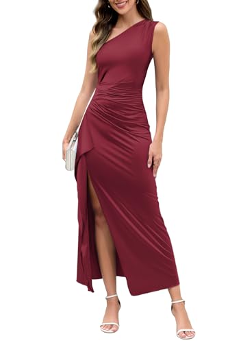 Sexy One Shoulder Maxi Dress for Women Ruched Ruffle Bodycon Cocktail Wedding Party Split Long Formal Evening Dresses
