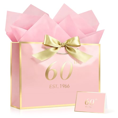 Image of JMANNI Birthday Gift Bag with Card and Tissue Paper for Men Women Him, Elegant Pink Gold Anniversary Keepsake Party Present Shopping Paper Bags for Gifts Wrapping Pink / 13 inch Large /EST.1966 60th