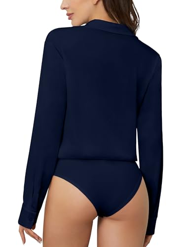 TQD Women Button Down Bodysuit Long Sleeve Collared Shirt Satin Blouse Bodysuits Tops Business Casual Office Professional2