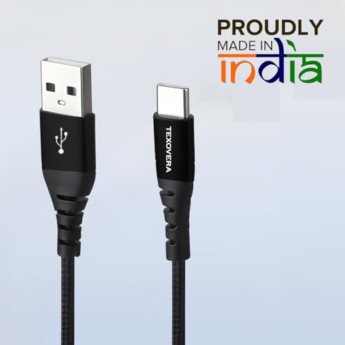 Image of TexoVera 1 Meter USB to Type C 65 Watt Dash /SuperVOOC /WARP Charge Cotton Braided Data Cable with Metal Shell for Smartphones, Tablets, Laptops, 480Mbps Data Sync, Quick Charge 3.0