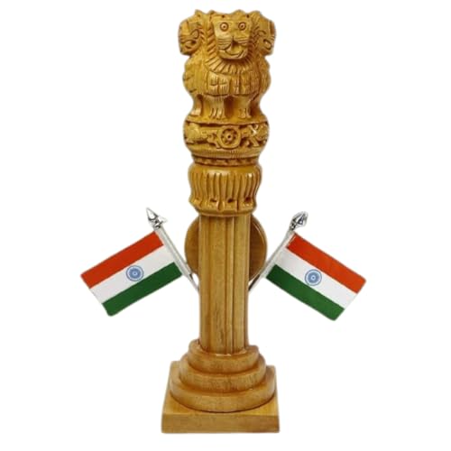 Image of Wooden Carved Ashoka Stambh Pillar with 2 Flags & Analog Clock for Office and Study Table Ii Brown Color Pack of 1 (2.4Wx2.4Lx8.5H Inches)