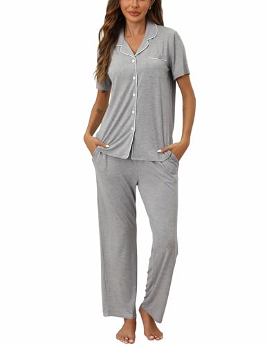Image of ＺＭＪ Womens Pajamas Sets 2 Piece Button Up Pj Sets Short Sleeve with Long Pant