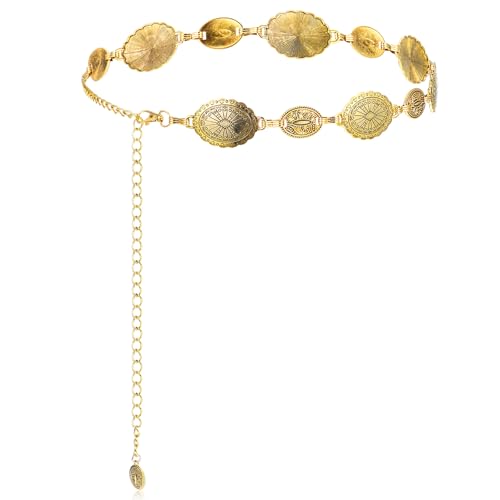 Tyqour Damen Boho Kettengürtel Gold Taillenkettengürtel Western Concho Gürtel aus Metall Cowgirl Kettengürtel für Damen Verstellbarer Cowgirl Gürtel Metallbund Länge 60cm+46cm Verlängerungskette
