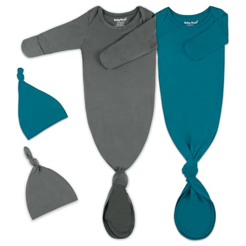 Image of 2Pk Newborn Knotted Gown Set, Soft Baby Sleep Sack & Hat, Boys Girls Clothes, Easy Diaper Change Baby Gift