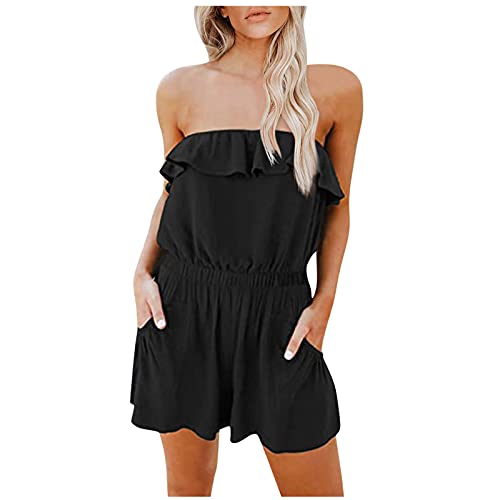Hemlock Women Off Shoulder Playsuit Ruffles Strapless Romper Short Jumpsuit Solid Color Jumpsuits Summer Beach Rompers Black