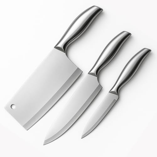 Machado Stainless Steel Knife Set of 3 Piece Kitchen Knives with Cleaver, Chef Knife & Paring Knife | Full Tang Ergonomic Handle, Multipurpose Sharp Blades for Home & Professional Use