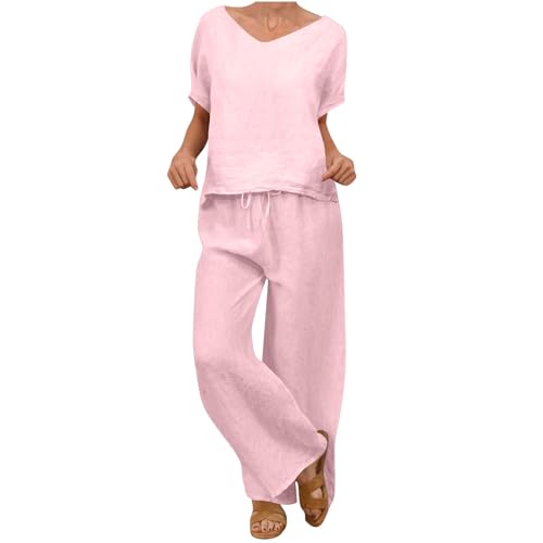 Womens Linen Lounge Set Plus Size Fashion Solid Short Sleeves V-Neck T-Shirts Tops and Wide Leg Sweatpant 2PC Suit Pink Small