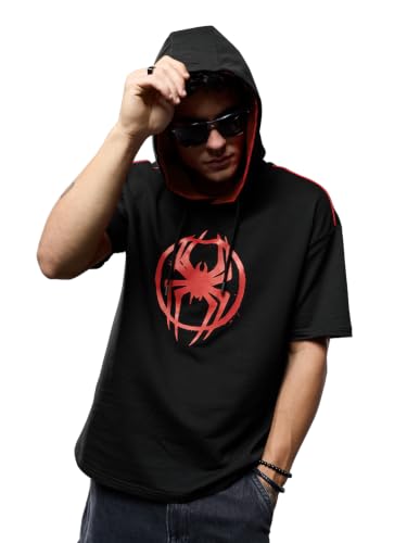 Image of The Souled Store Official Spider-Man: Saving The Spider-Verse Mens Regular Fit Half Sleeve Graphic Printed Cotton Black Color Hooded T-Shirt Men's T-Shirts Graphic Tees Casual Fashion