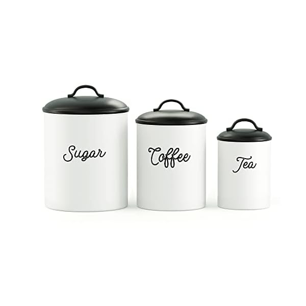 Barnyard Designs Black White Canister Sets for Kitchen Counter, Vintage Kitchen Canisters, Country Rustic Farmhouse Decor Kitchen, Coffee Tea Sugar Farmhouse Kitchen Decor, Metal, Set of 3
