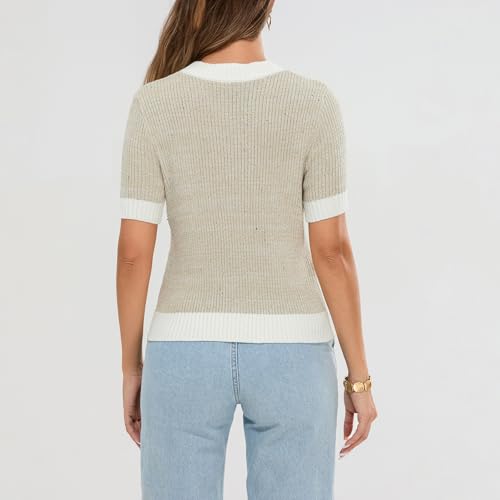 Image of Womens Short Sleeve Button Down Cardigans Sweater Cropped Lightweight Crew Neck Elegant Knit Tops with Pockets