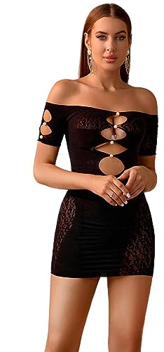 Bommi Fairy Mini robe moulante pour femme - Sans bretelles - En dentelle - Avec perles, Noir , XS-XXL