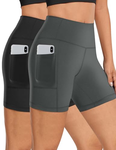 2 Pack Womens Biker Shorts with Pocket High Waisted Yoga Shorts