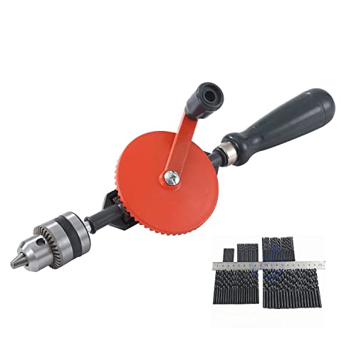 KATSU Hand Drill 10mm Chuck 3/8 Inch Capacity Precision Chuck Double Pinion Manual Drill with 100PCs HSS Twist Drill Bits for Wood Plastic Mild Steel Board Punching 313014X