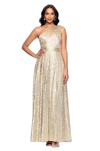 Image of Betsy & Adam Women's Floor-Length, One-Shoulder, Wrap, Foil, Floral Gown, Champagne /Gold, 8