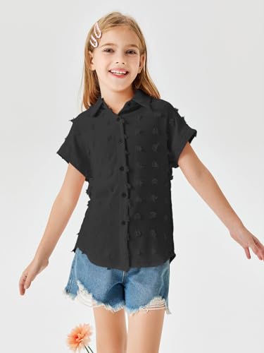 Image of Haloumoning Girls Button Down Shirts Short Sleeve Kids Casual Chiffon Blouse Summer Tops T-Shirt