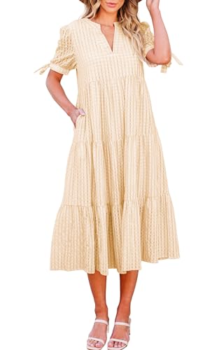 ECOWISH Women Summer Casual Dress - V Neck Short Sleeve Gingham Midi  Pleated Tiered Loose Fit Holiday Picnic Dresses Beige Small at Amazon  Women's Clothing store