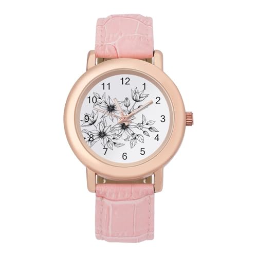 JHOMHF Relojes con Correa de Piel Moda Estampado Floral Mujer Reloj de Pulsera Fino y Minimalista con Caja Relojes Clásicos y Elegantes para Mujer(Pink18)