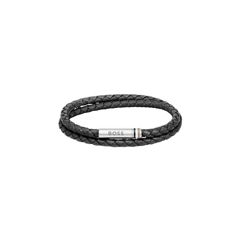 BOSS Men's ARES Black Leather Bracelet Cover