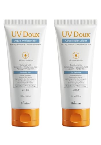 Image of Brinton UV Doux Aqua Moisturizer for 48-Hour Hydration | With Aquaxyl, Pentavitin, Ceramides & Hyaluronic Acid | Deep Moisture, Restores Skin Barrier & Reduces Dryness | 100 g x 2