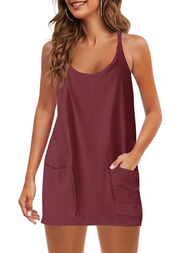 Image of Panadila Womens Summer Sleeveless Mini Dress V Neck Spaghetti Strap Sundress Athletic Short Dress with Pockets