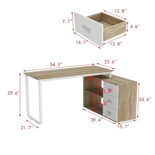 Image of Homsee Home Office Computer Desk Corner Desk with 3 Drawers and 2 Shelves, 54 Inch Large L-Shaped Study Writing Table with Storage Cabinet - Walnut and White