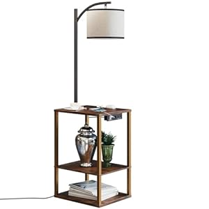 SUNMORY Floor Lamp with Table, End Table with Lamp, Shelves, Charging Station(USB & AC Port), 3-Color Temperature LED Bulb, Side Table Lamps for Living Room, Bedroom, Office, Rustic Brown