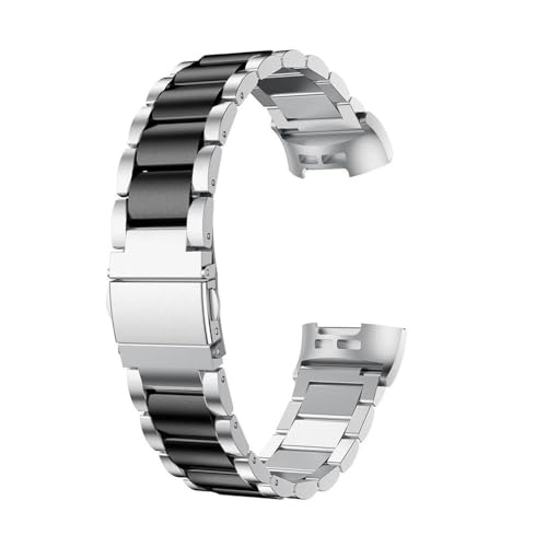 SRMVRNKNNK Fit For Fitbit Fit For Charge 5 4 3 2 �X�}�[�g�u���X���b�g�X�g���b�v �X�e�����X�X�`�[���E�H�b�`�o���h���[�v�ɓK��(Silver-Black,For Charge 4)
