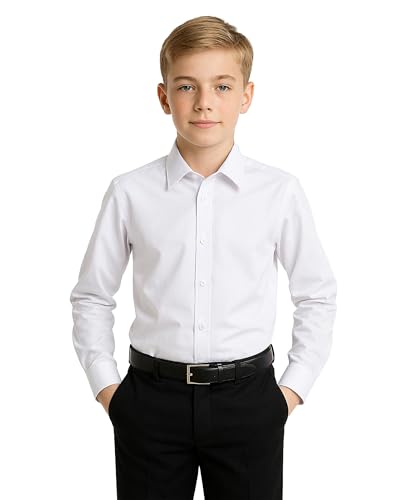 SIRRI Weißes Hemd für Jungen aus weicher Baumwollmischung mit schmaler Passform und klassischem Kragen, langärmelig, bügelleicht, Hemden für besondere Anlässe Größe 14 Jahre