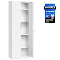 SONGMICS Aktenschrank, Mehrzweckschrank, Aufbewahrungsschrank, 5 Ebenen, 40 x 60 x 180 cm, Doppeltüren, Schloss, Werkzeug, verstellbare Ablagen, Garage, Büro, Wohnzimmer, mattweiß OMC014W01