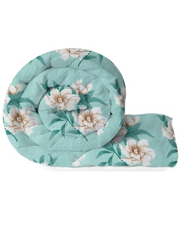 Image of HOMEKART 220 GSM Reversible Microfiber AC Comforter for King Size Bed | 3-Layer Quilted All-Season Duvet for Mild Winter | Soft & Breathable (220 x 240 cm, Floral, Light Green)