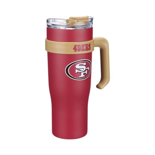 Image of The Memory Company Officially Licensed 46oz Team Color Slim Tumbler with Straw and Handle, San Francisco 49ers