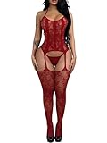 Buitifo Donna Fishnet Bodystocking Lingerie Donna Sexy Intima Pizzo Halter Babydoll Trasparente Pigiama Sleepwear(rosso scuro GB,Taglia unica)