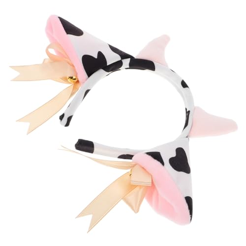LOORGVEL Plush Cow Ears Headband with Ribbon Bells Elastic Adjustable Adult Cow Costume Accessories for Halloween Birthday Party Cosplay Photo Props
