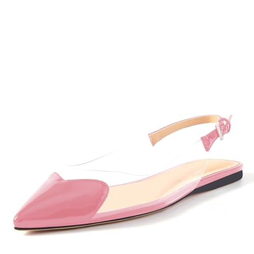 Wrynthevia VogueVent Women's Fashion Pointed Toe Heart Transparent PVC Slingback Flat Shoes Comfort Slip On Cap Toe Clear Ballet Flats Work Wedding Dress Flat Shoes for Women Pink Size 7.5