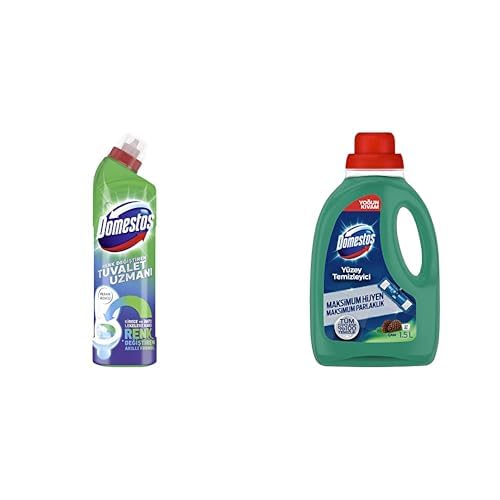 Domestos Tuvalet Temizleyici Renk Değiştiren Tuvalet Uzmanı Kireç Çözücü 750 ml 1 Adet ve Domestos Yüzey Temizleyici Yoğun Kıvam Çam 1500 ml