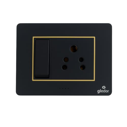 Image of SEER switch plate Black Modular Switch and Socket Combo, 16A Switch with 6 /16A 3-Pin Socket, Gold Trim