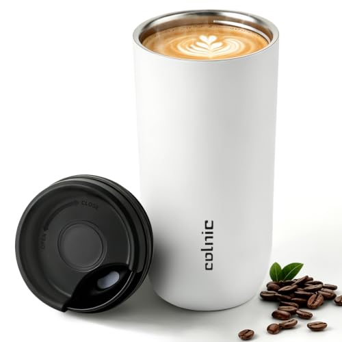 Image of 16 oz Travel Coffee Mug with Twist-Open Lid, Leak Proof Coffee Travel Mug, Insulated Tumbler Stainless Steel Coffee Cup For Hot And Iced Cold, Spill Proof Fits Cup Holder (White)